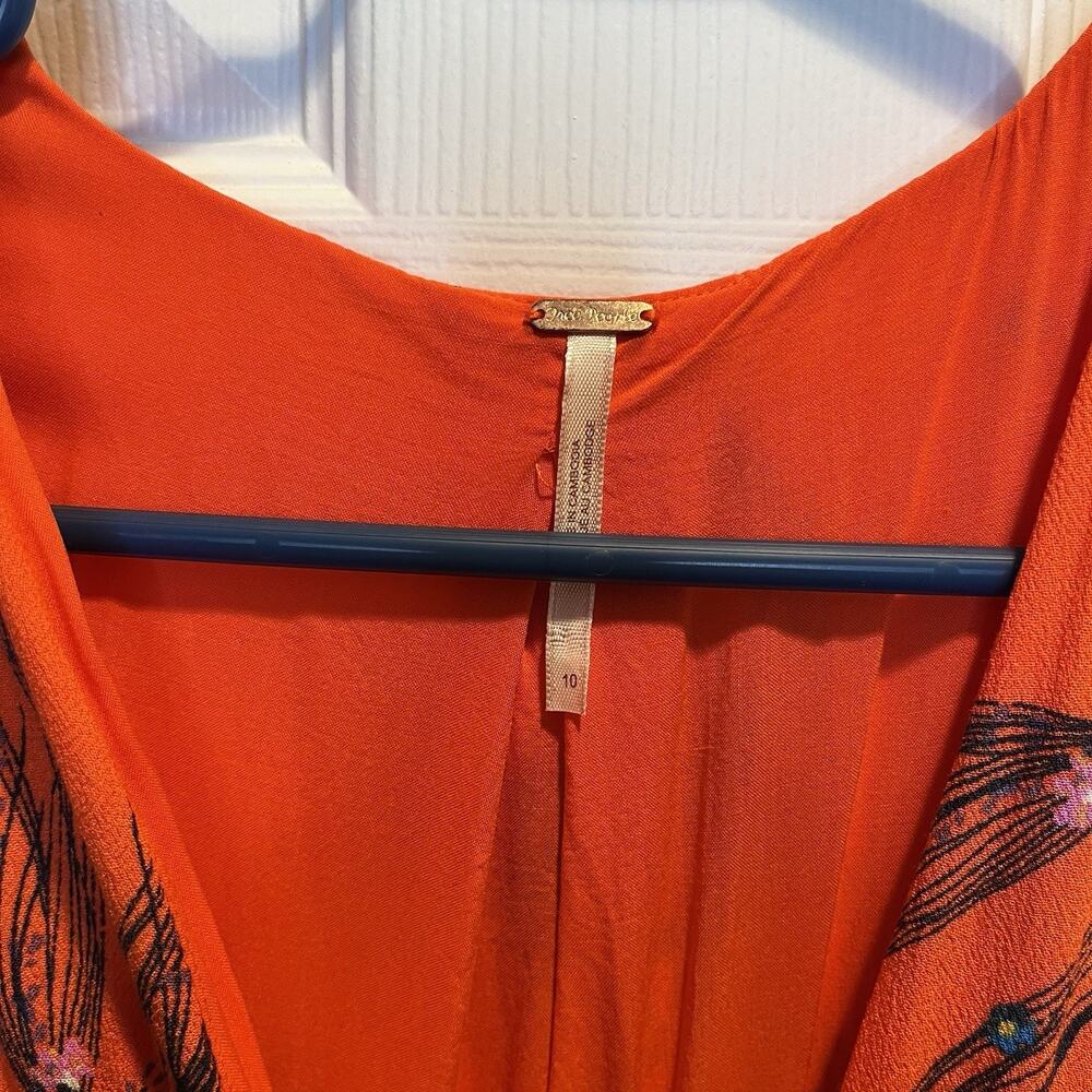 Free People Sz 10 Retro Coral Orange Floral Print Rayon Midi Dress Side Pockets - Picture 7 of 12